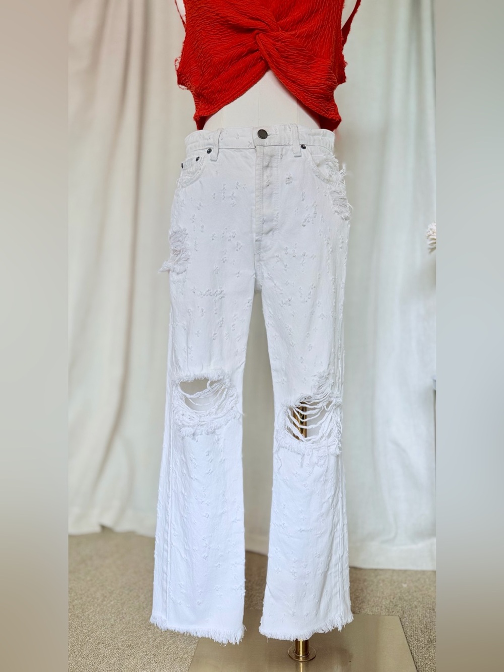 Carmar White Straight-Leg Heavily Distressed Jeans - like new!